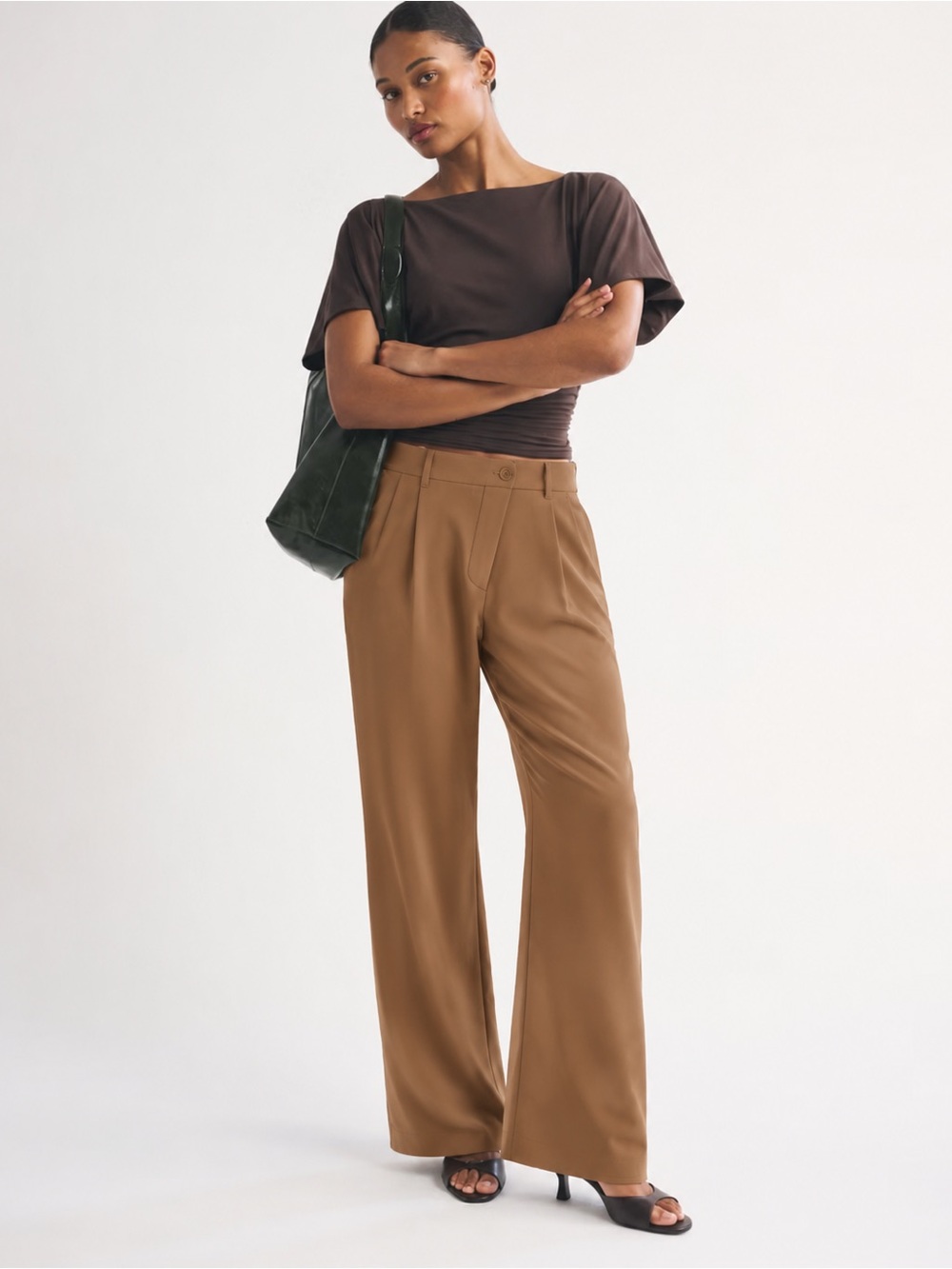 A&F Tailored Asymmetrical Crisscross Crossover Trousers in Camel Brown Sz M